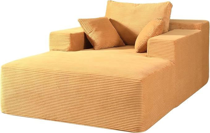 Monroe Convertible Chaise Lounge Chair Indoor – Oversized Corduroy Couch with Wide Armrest & Throw Pillows, Cozy Boneless Sleeper Sofa Bed Armchair, Ginger Yellow
