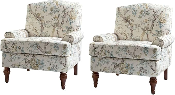 HULALA HOME Accent Chair Set of 2 with Solid Legs & Removable Cushion, Farmhouse Floral Comfy Upholstered Armchair, Leisure Single Sofa Chair for Living Room Bedroom