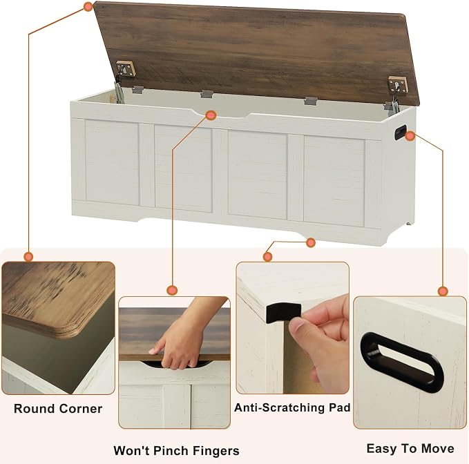 Timberer 47.2" Storage Chest, Extra Large Storage Trunk with 2 Safety Hinges, Wooden Storage Bench, Shoe Bench, Entryway Bench for Living Room, Bedroom, Brown and Rustic White - Image 6