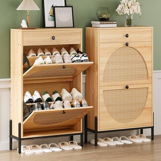 IRONCK Shoe Cabinet with 2 Flip Drawers, Shoe Storage Cabinet for Entryway, Free Standing Shoe Storage Organizer with Rattan Doors Slim Narrow Shoe Rack Cabinet, Oak - Image 3