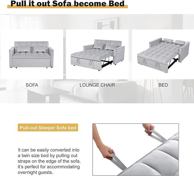 Convertible Sofa Bed, Love Seat Sleeper Bed with Side Pockets, 3 in 1 Velvet Fabric Pull Out Couch with Adjustable Backrest for Living Room, Bedroom, Apartment, Light Gray