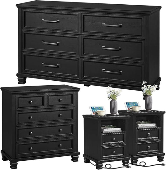 SAVOR LIFE Farmhouse Dresser and Nightstand Sets of 4 Piece, 5/6 Drawer Dresser and 2 Drawer Nightstand Set, Rustic Wood Bedroom Furniture Set for Home, Hallway,Black