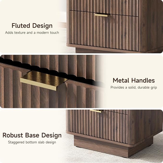 GOLDDAY Nightstands Set of 2 with Charging Station & LED Light, 3-Drawer Bedside Table with Outlets, Modern End Table with Open Shelf, for Bedroom, Home Office, Walnut - Image 7