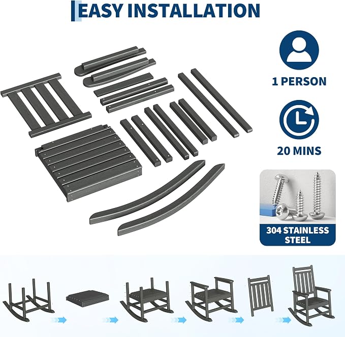 Garvee HDPE Rocking Chair Outdoor Set of 2 with Side Table - Poly High Back Porch Rocker Chairs for Adults - All Weather Resistant Furniture for Patio Front Porch - Gray - Image 6