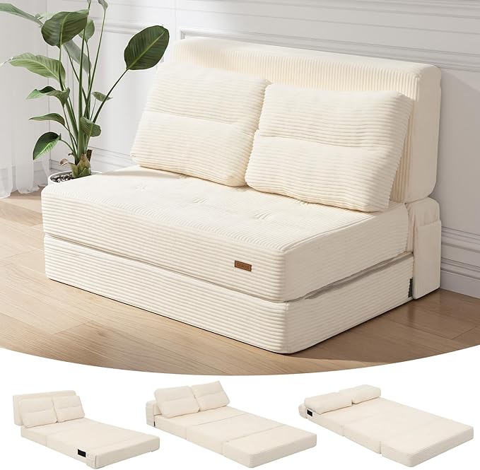 COMAX Folding Sofa Bed, Foldable Couch for Bedroom, Convertible Floor Sleeper Futon Chair Foam, Corduroy 3 in 1 Fold Out Chair Portable Comfy Lounge Couch Sofa Bed for Small Space, Twin, Beige