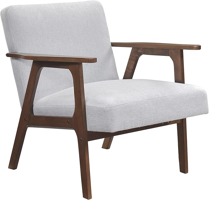 Lexicon Mid Century Modern Accent Chair, Upholstered Lounge Armchair, Single Sofa Seat, Brown Finish Solid Wood Framed Comfy Side Chairs for Living Room/Bedroom/Office/Waiting Area, Gray