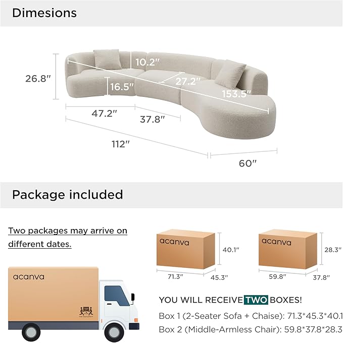 Acanva Modern Curved Sectional Living Room Couch, Minimalist Comfy Boucle Fabric Modular Sofa for Apartment, Home Office, 153" W Right Hand Facing, White