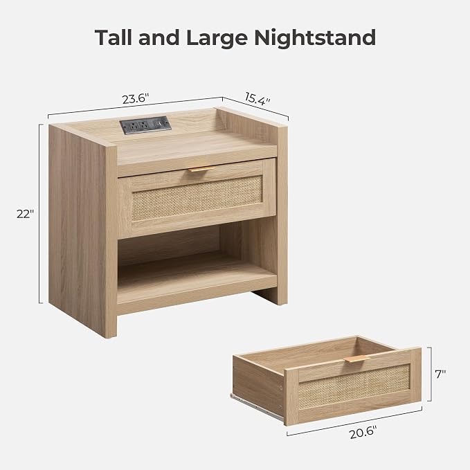 SICOTAS Rattan Nightstand End Table - Boho Night Stand Bedside Table with Type-C Charging Station, Wicker Decor Drawer Storage Cabinet Night Stand for Bedroom - Light Oak - Image 2