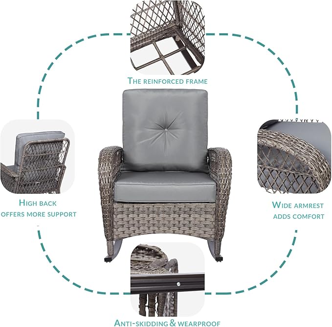 MEETWARM 4 Pcs Outdoor Patio Set with Glider Loveseat, Glass-Top Coffee Table, Thickened Cushions, Gray