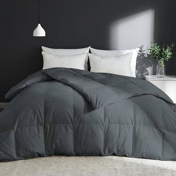 Goose Feather Comforter Twin Size, 100% Cotton Duvet Insert All Season, Bed Comforter Quilted with 8 Corner Tabs Hotel Luxury Fluffy Duvet Insert, 68 x 90 Inch, Machine Washable, Grey
