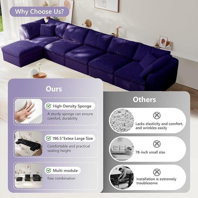 Modular Sectional Sofa Boneless Cloud Couch for Living Room, L Shape Deep Seat Recliner Sofa with Ottoman, Adjustable Backrest & 2 Throw Pillows - Covers Washable, (Purple, 5 Seater+1 Ottoman)
