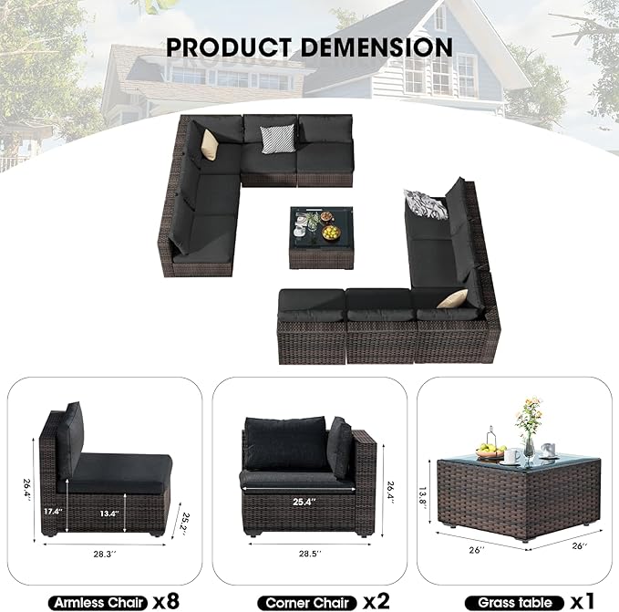 11 Piece Patio Furniture Set All Weather PE Rattan Outdoor Sectional Sofa Couch with No-Slip Cushions and Glass Top Table for Garden, Poolside, Backyard (Black)