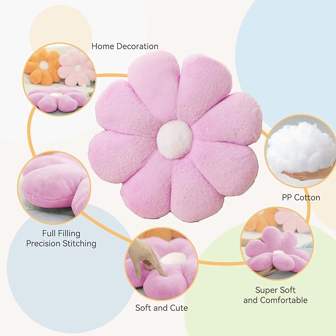 FIONOUT Purple Flower Pillow Decorative Throw Pillows, 25.5In Soft Daisy Pillow Flower Shaped Pillow Floor Seating Custion for Reading and Room Dector