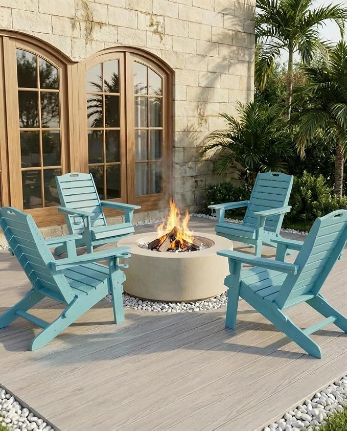 Folding Adirondack Chairs Set of 2,Adirondack Chair with Retractable Ottoman,Plastic Adirondack Chairs with 2 Cup Holder,Weather Resistant Patio Chair,Outdoor Chairs Set of 2(Lake Blue) - Image 2
