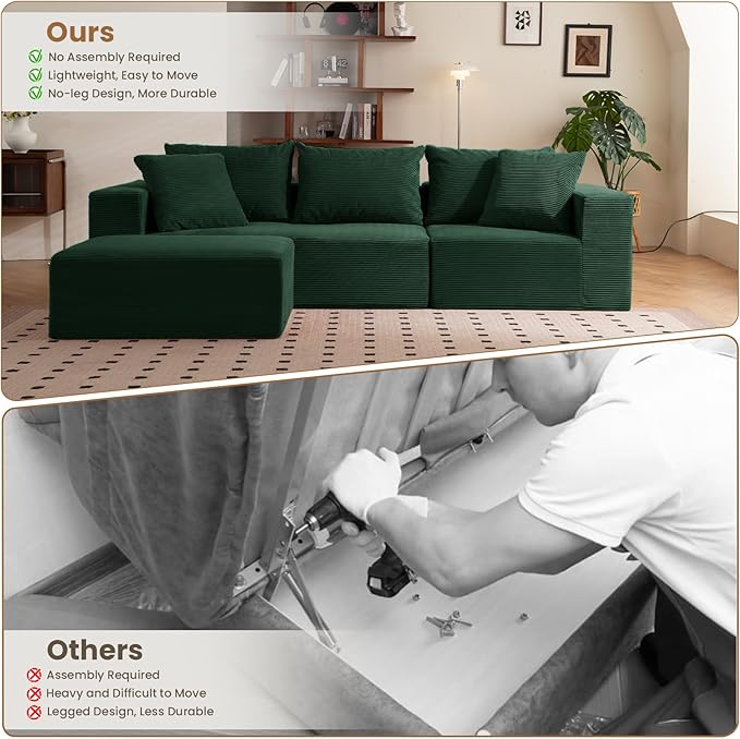 108" L-Shaped Boneless Couch, Modular Sectional Sofa with Moveable Ottoman, Corduroy Cloud Couches for Living Room, No Assembly, Ship in a Box, Green