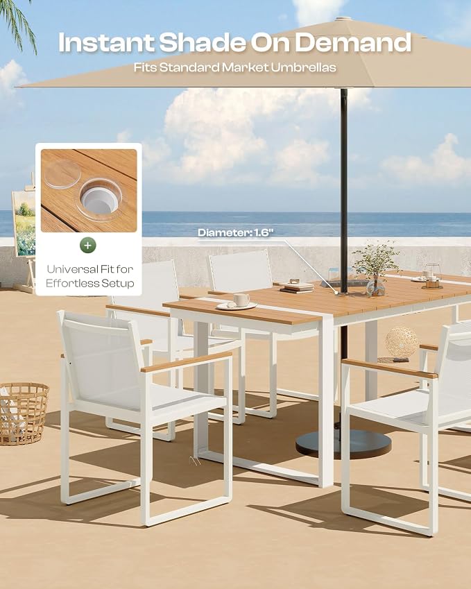 Outdoor Table and Chairs of 4, Patio Dining Sets, HDPS + Aluminum Outdoor Furniture Set with Umbrella Hole, Patio Dining Table Set (White-Teak) - Image 2
