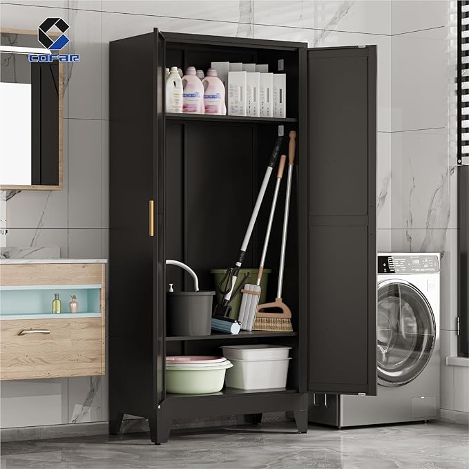 COFaR Metal Wardrobe Closet with Doors, Black Farmhouse Bedroom Armoires with Adjustable Hanging Rod and Shelves, 71'' Tall Closet Cabinet for Garage Storage, Roperos para Guardar Ropa