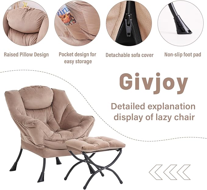 Lazy Chair and Ottoman, Large Velvet Brown Accent Chair with a Side Pocket, Modern Leisure Upholstered Sofa Reading Armchair with Footrest for Office, Bedroom, Living Room, Dorm Rooms, Balcony