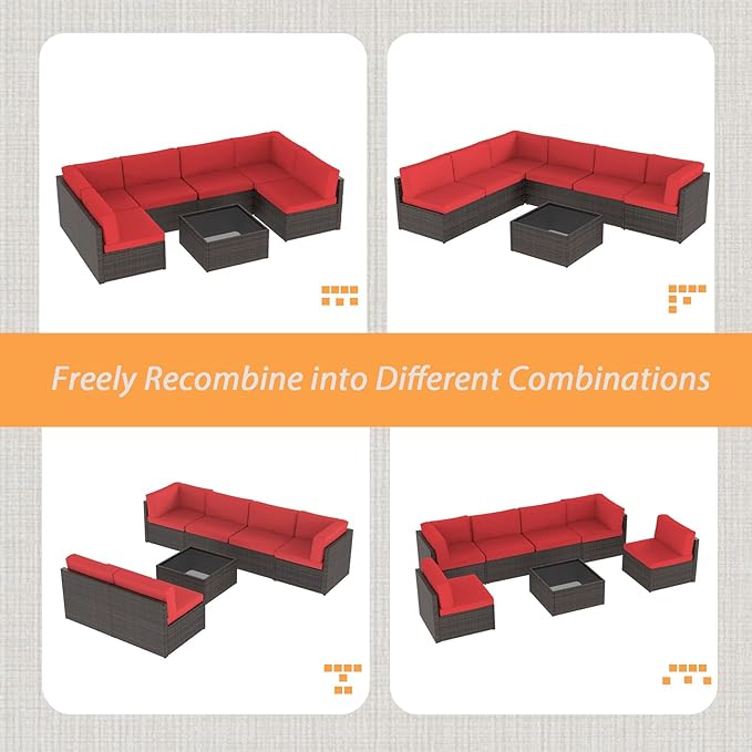 AECOJOY 7 Piece Outdoor Patio Furniture Set, Outdoor Sectional Conversation Furniture Chair with Coffee Table,Patio Sectional for Garden,Backyard(Red Cushions and Brown PE Rattan)