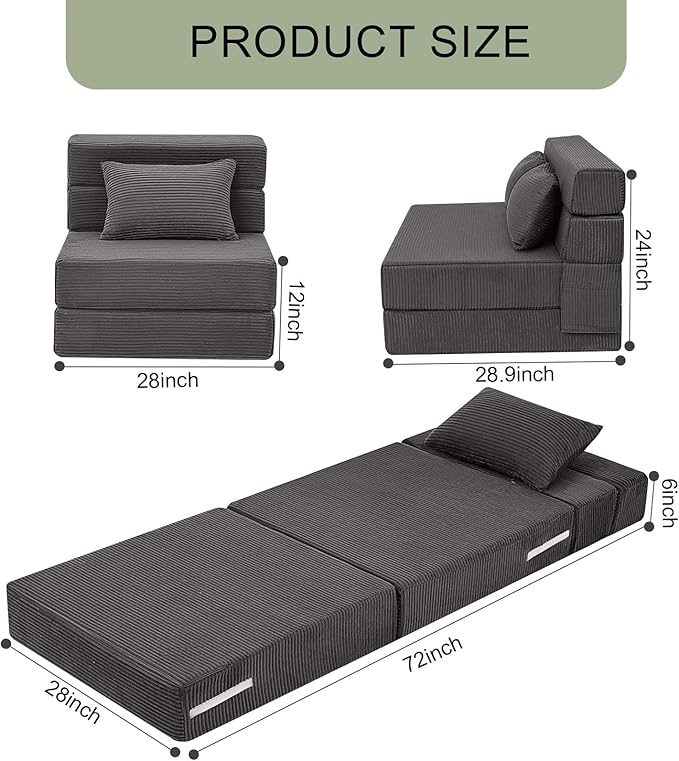 MeMoreCool Boneless Folding Chair Bed – Dark Grey Corduroy Single Sleeper Sofa, 4-in-1 Convertible Futon Couch with Pillow, Compact Fold-Out Floor Mattress with Washable Cover for Bedroom, Guest Room