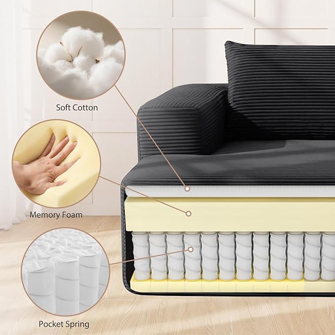 97" L-Shaped Sectional Sofa, No Assembly Boneless Modular Couch, Memory Foam Deep Seat with Side Pockets & Pillows, Compressed Sofa, Jet Black Left