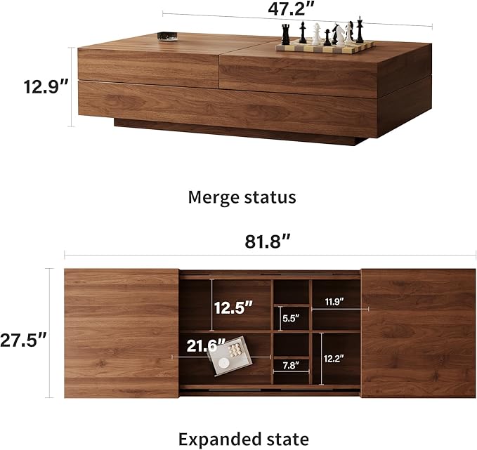 Mid-Century Expandable Coffee Table with Storage – 47.2"-81.9" Adjustable Center Table for Living Room, Walnut Wood Finish