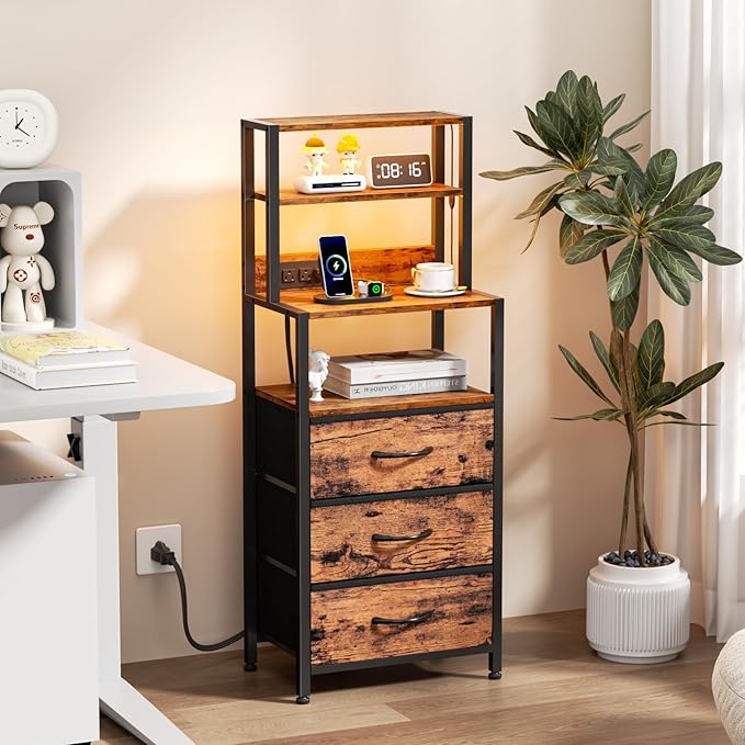Furnulem Night Stand Set 2, LED nightstand Set of 2 with Charging Station, Bedside Table with Storage Shelf and 3 Fabric Drawers, Bed Side Table for Bedroom, Home Office, Dorm - Image 7