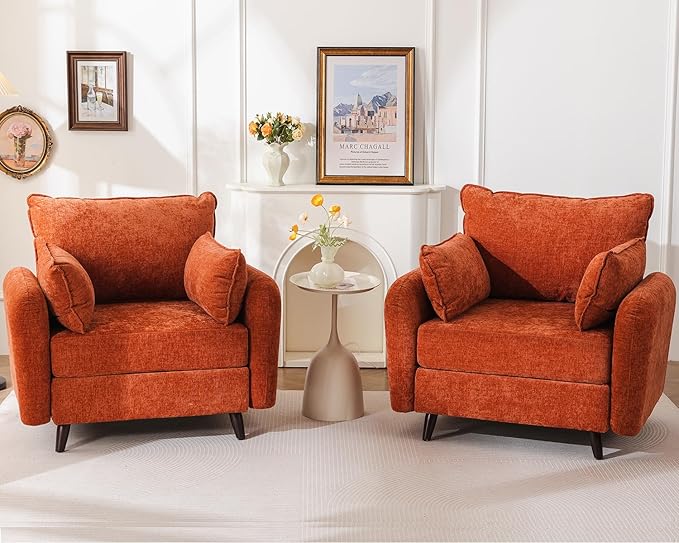 Rexulqo Oversized Accent Chair Set of 2,All Seats Storage,Comfy Armchair,24.5'' Deep Seat,Upholstered Living Room Chairs,Reading Chair for Bedroom,Office,Chenille,Orange