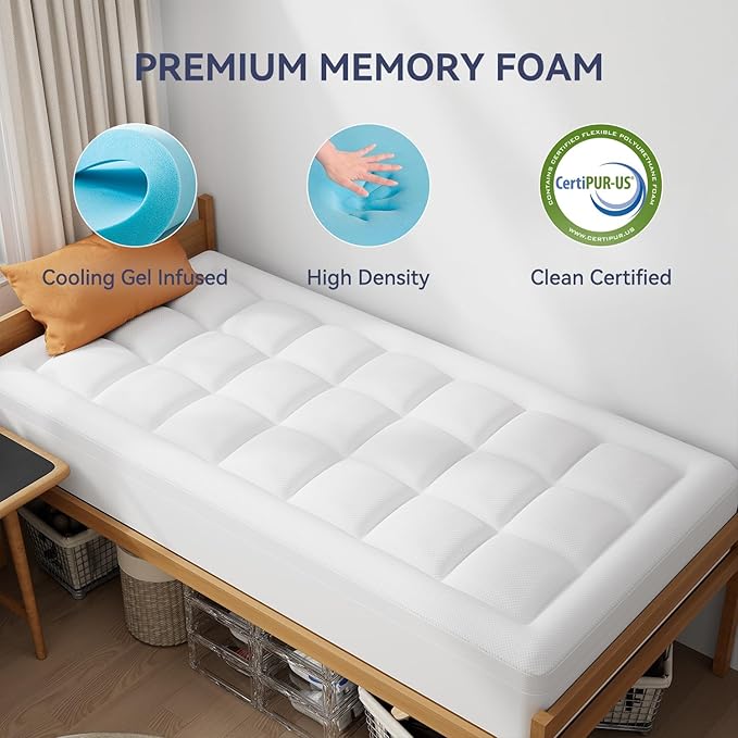 ELEMUSE Twin XL Dual Layer 3 Inch Memory Foam Mattress Topper for College Studends, Dorm Room Essentials, 2 Inch Cooling Gel Foam and 1 Inch Soft Pillow Top Bed Pad,Back to School Comfortable Support