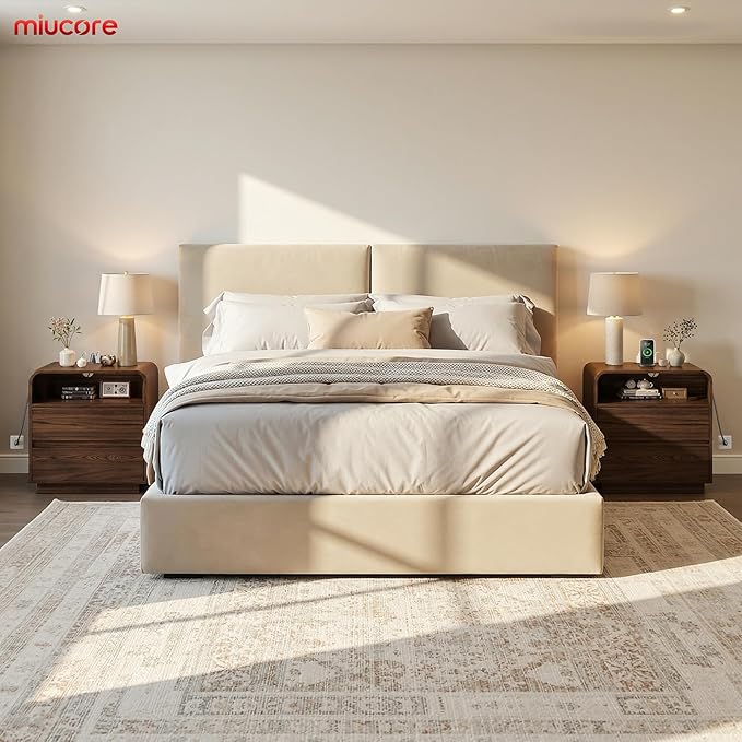 Nightstands Set of 2, Wide Round Bedside Table Set with Charging Station, Large End Table with 2 Drawers Curved Design Modern Nightstand for Bedroom Sofa Home Office Walnut - Image 2