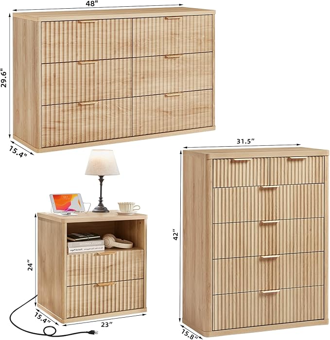 LEYAOYAO Fluted Dressers & Nightstand Set of 4, Wood 48" Wide Dresser & 42" Tall Chest of Drawers,Modern Bedroom Furniture Sets, Natural Wooden Nightstand Set of 2 with 2 Drawers & Charging Station