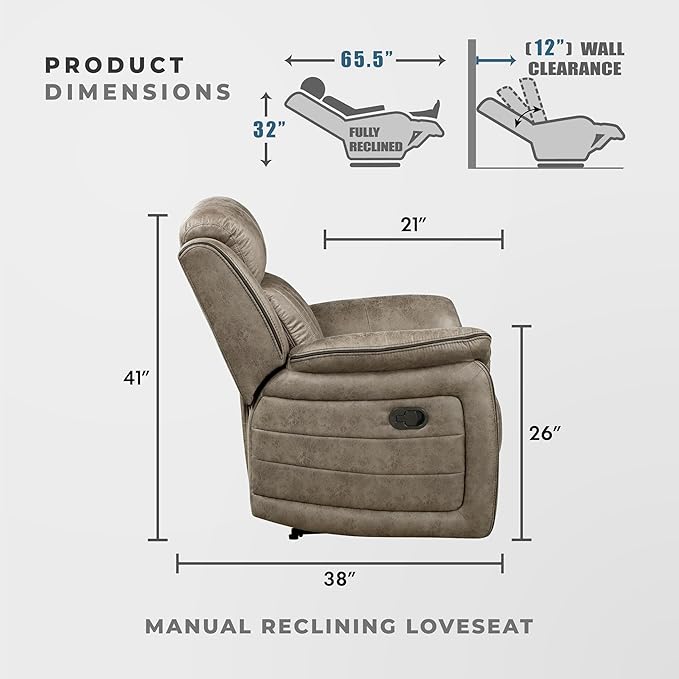 Lexicon 74" W Manual Double Reclining Loveseat with Center Console, Polished Microfiber Recliner Loveseat, Pillow Top Arms, for Living Room, Easy Assembly, Sandy Brown