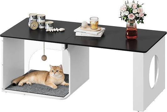 WLIVE Coffee Table, 2-in-1 Cat Wood Coffee Table with Lagre Storage Tabletop, Modern Center Table Cat House with Cat Scratching Pad, Cat Teaser for Living Room, Balcony, Black