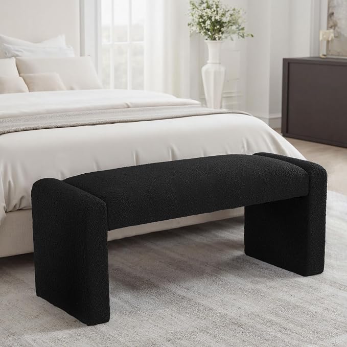 SIMTONAL Black Entryway Bench with Solid Wood Frame, 47" Boucle Window Seat Upholstered End of Bed Bench for Bedroom Living Room - Image 5