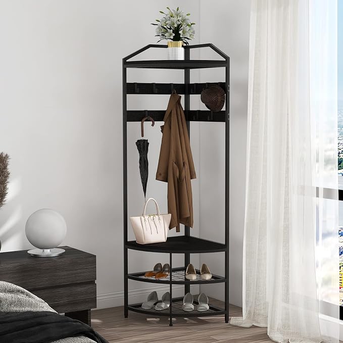 GiftGo Corner Hall Tree with Shoe Bench Entryway Coat Rack with 10 Metal Movable Hooks Freestanding Clothes Rack Shoes Shelf Organizer for Home Office Bedroom (Black) - Image 2