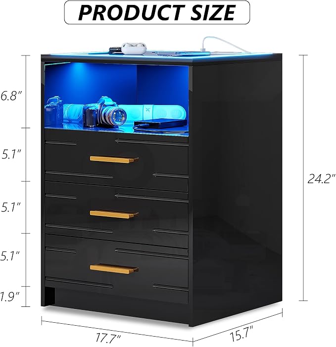 Lvifur LED Nightstand with Wireless Charging Station,3 Color Dimmable Auto Sensor Night Stand for Bedroom Furniture,Touch Screen Bedside Table with USB&Type-C Ports and 3 Drawers - Image 2