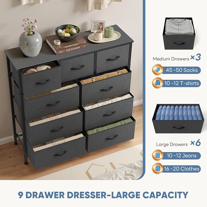 DUMOS Dresser for Bedroom, Dressers & Chests of Drawers Dresser Organizer, Wood Top Table Furniture with 9 Fabric Storage Tower Unit, Chest of Drawers for Closet, Living Room, Hallway, Porch - Image 6