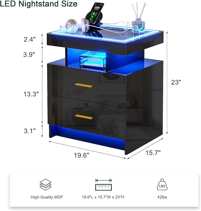 HNEBC LED Nightstand with Charging Station (USB,Type-C Ports) High Gloss Bedside Table with 2 Drawers, Smart Night Stand with Auto Sensor Lights,Modern Bed Side Table for Bedroom (Black) - Image 2