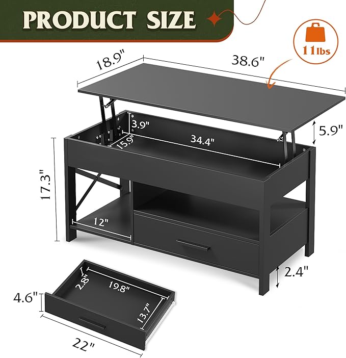 WLIVE Coffee Table, 39" Lift Top Coffee Table with Hidden Compartment, Storage Drawers and Storage Shelf for Living Room, Reception Room, Black