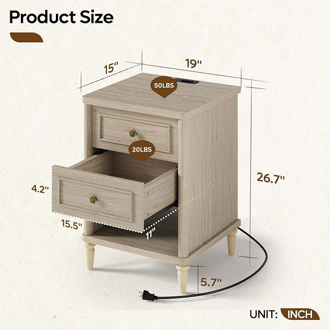 Bestier Night Stand with Charging Station, 26.7" H Farmhouse Nightstand with 2 Drawers & Open Shelf, Solid Wood Nightstand with AC Outlets, USB & USB-C Ports, Bed End Tables for Bedroom, Cream Oak - Image 3