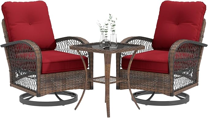 EROMMY 3 Pieces Patio Furniture Set, Outdoor Swivel Rocker Patio Chairs, Wicker Patio Bistro Set with Rocking Chair, Thickened Cushions and Glass Coffee Table for Backyard, Garden, Wine Red