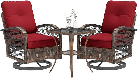 EROMMY 3 Pieces Patio Furniture Set, Outdoor Swivel Rocker Patio Chairs, Wicker Patio Bistro Set with Rocking Chair, Thickened Cushions and Glass Coffee Table for Backyard, Garden, Wine Red