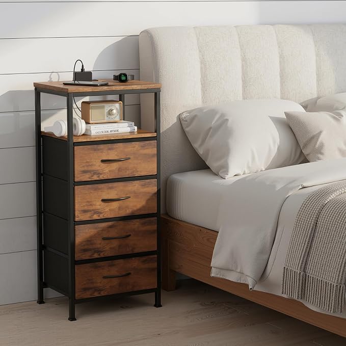 Sweetcrispy Nightstand with Charging Station, Bedside End Table with 4 Fabric Drawers, USB & Type-C Ports with AC Outlets, Adjustable Feet & Dimmable LED Light Strip, Modern Bedroom Furniture, Brown - Image 2
