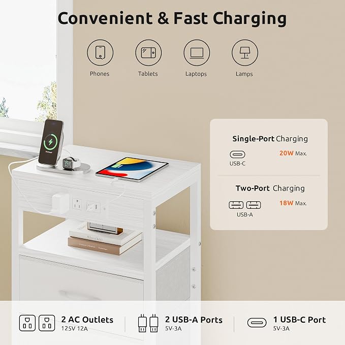 Lazzanto NightStand Bedside Charging Table Bedroom - Night Stand with Charger Station, White Modern Bed Side End Table with Open Shelf & 2 Fabric Drawers, USB-C Port & AC Outlets for Dorm, Living Room - Image 4