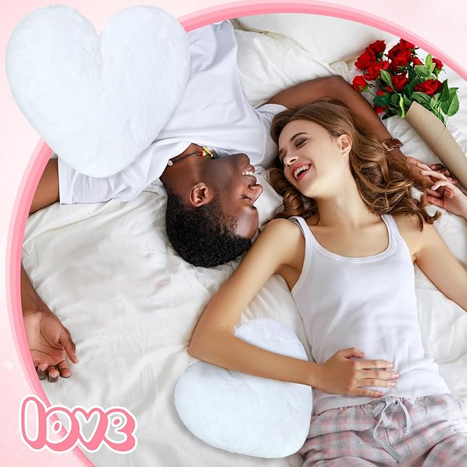 Marsui 2 Pcs Heart Throw Pillows, Soft Fluffy Faux Fur Decorative Hearts Shaped Pillows for Living Room Sofa Bed, Cute Heart Themed Gift for Women(White,11.81 x 11.02 Inch)