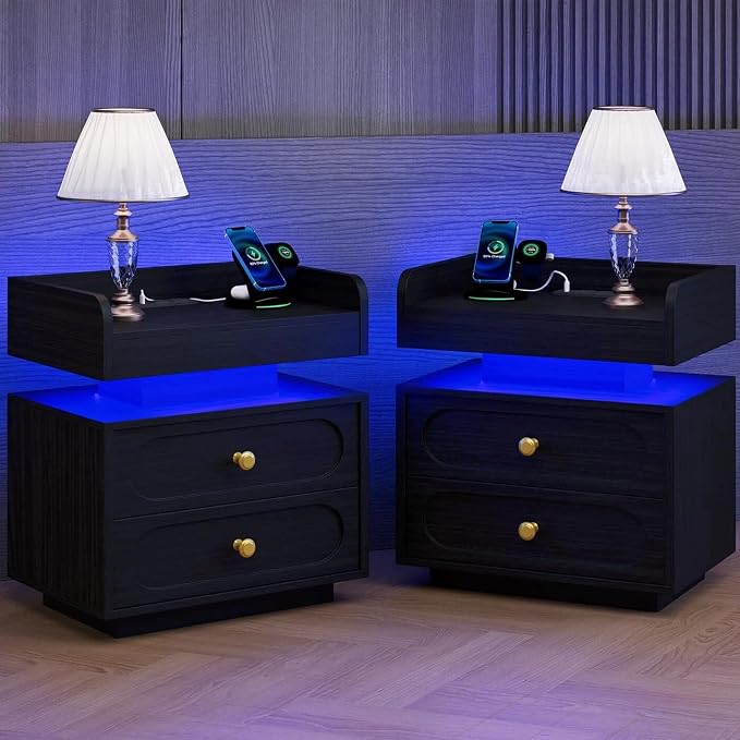 4ever2buy Black Nightstand Set of 2 with Adjustable LED Lights and Charging Station Modern Bedside Tables with 2 Drawers End Tables for Bedroom by 4ever2buy