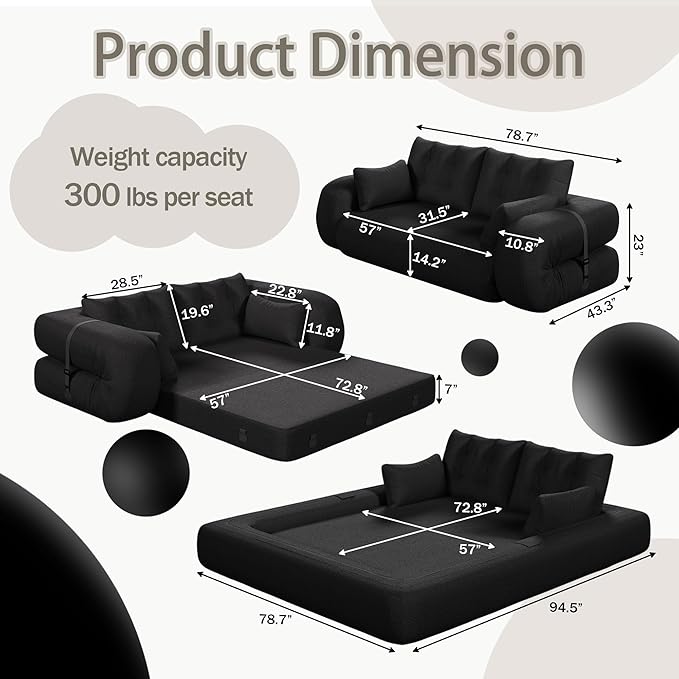 78.7" Convertible Sofa Bed, 3-in-1 Folding Floor Couch with 4 Pillows, Sleeper Sofa for Living Room and Guest Bed, No Assembly Required (Black, Teddy Fabric)