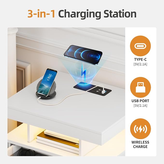 Gurexl Farmhouse Night Stand with Lockable Gun Drawer,LED Nightstand with Charging Station,Bedside Table with Human Sensor 3-Color Lights,End Table with 3 Drawers,Bedroom,White - Image 3