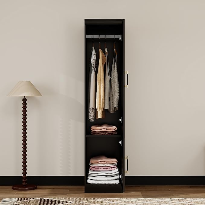 Wooden Armoire Wardrobe Closet：Modern Armoire Wardrobe Closet with Single Door and Hanging Rod, Large Capacity Clothes Storage Cabinet with Mirror for Bedroom Home, Black