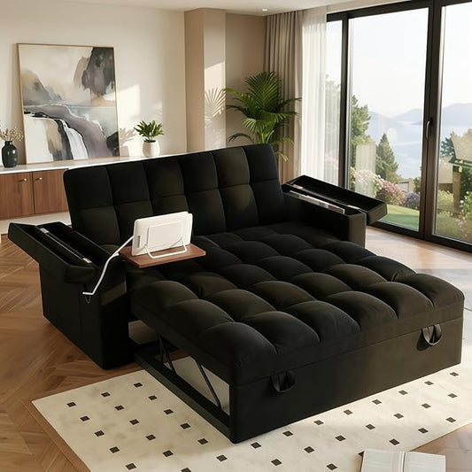 Convertible Sofa Bed, 5-in-1 Pull Out Couch with Side Table, Loveseat Sleeper Sofas Bed Couch with USB Port, 65‘’ Velvet Pull Out Sofa Beds for Living Room, Bedroom, Apartment